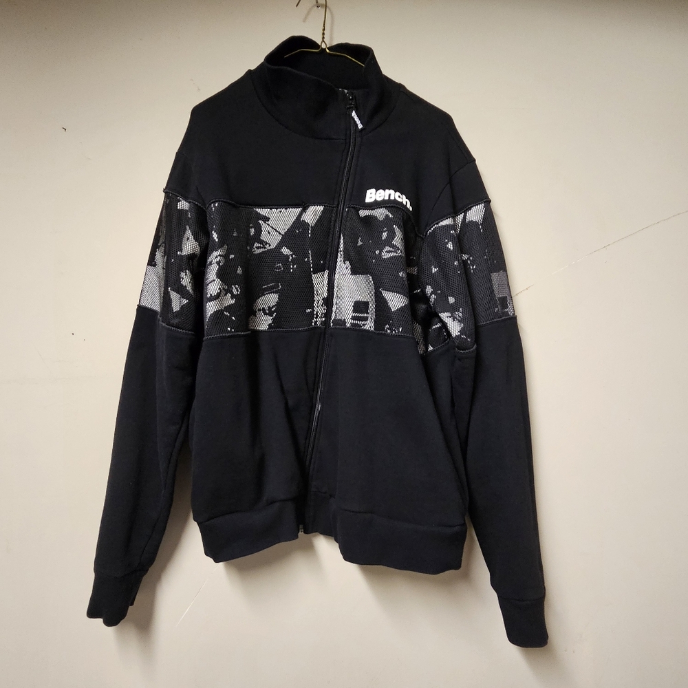 Bench Vintage Mens Track Jacket Black Mesh Graphic Asymmetric Full Zip Y2K XL